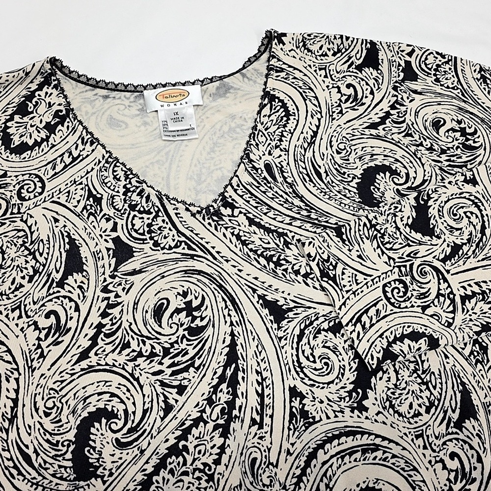 Talbots Sweater Women 1X Black Cream Paisley Silk Blend V-Neck Lace Trim